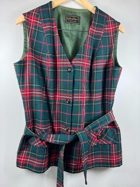 Highland Queen Green Plaid Sleeveless Vest with Self-Tie Belt